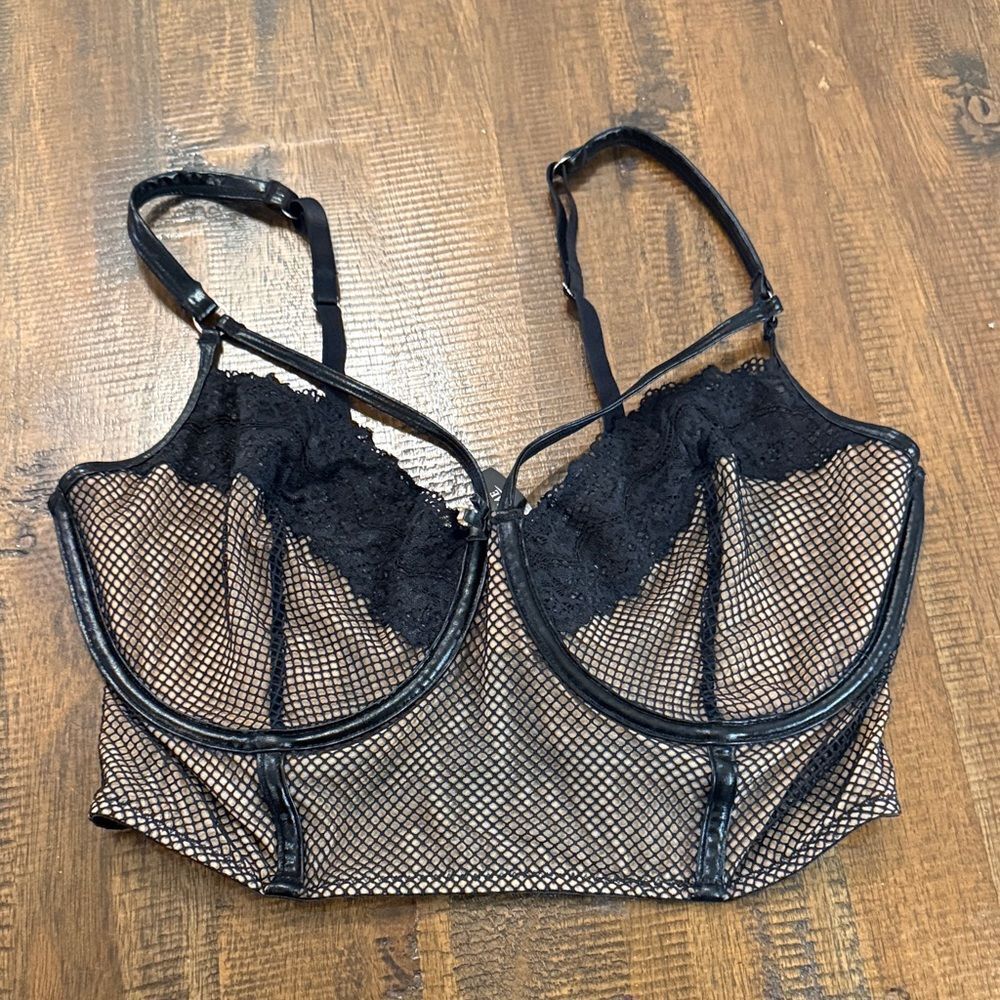 Adore Me Black Lace & Fishnet Longline Bra Top